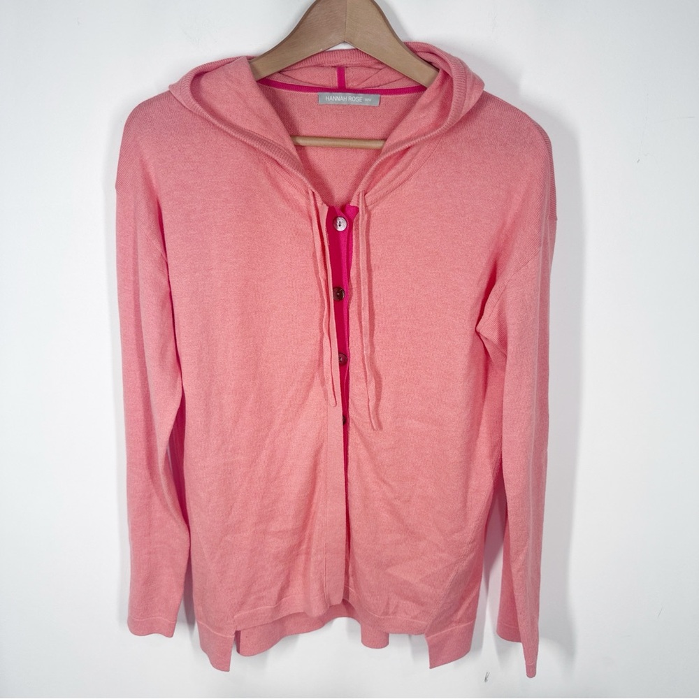Hannah Rose Cotton Cashmere Women's Hooded Cardigan Sweater Medium Coral